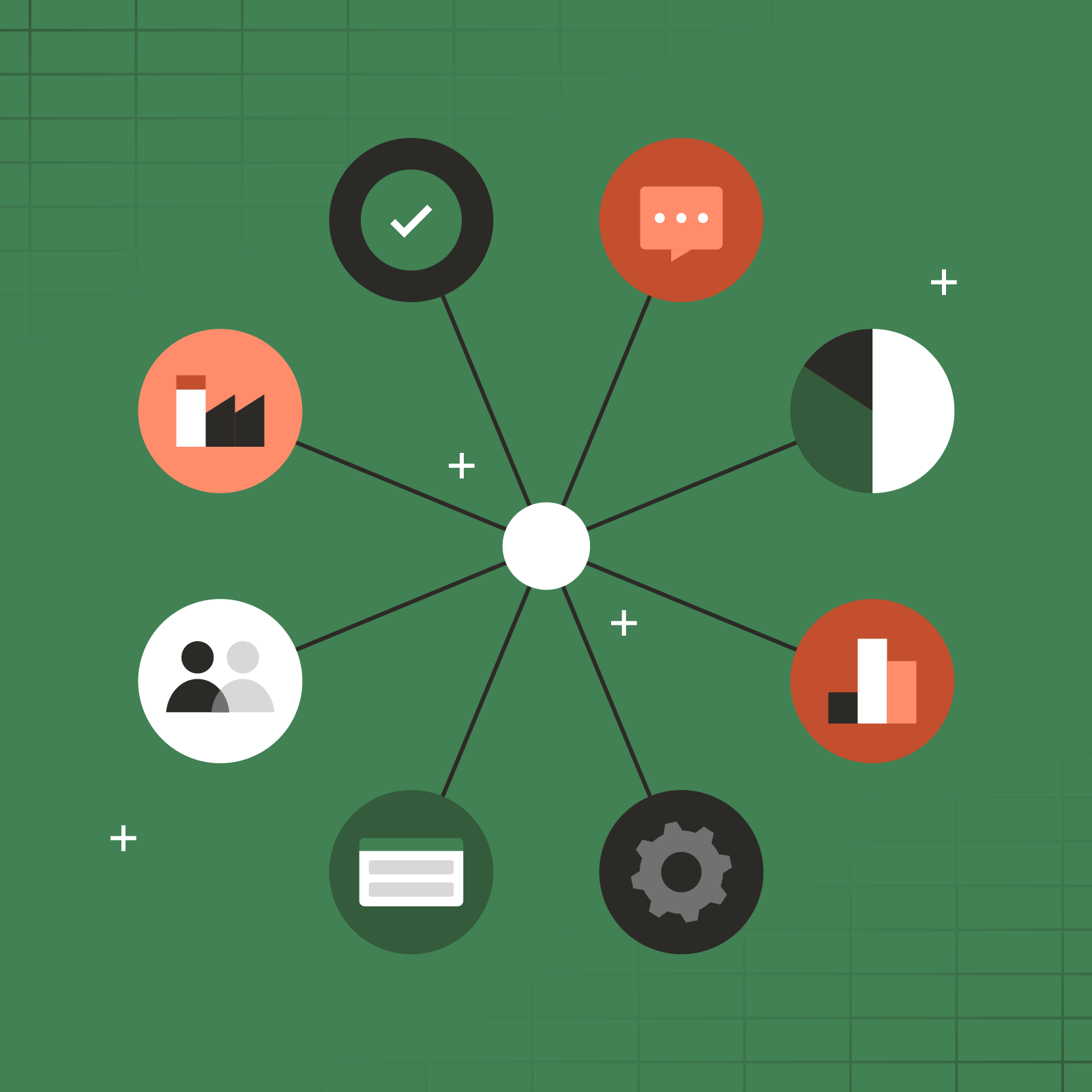 An illustration of a series of icons representing enterprise resource planning functions such as accounting and material planning, connected to a white circle in the center of the image