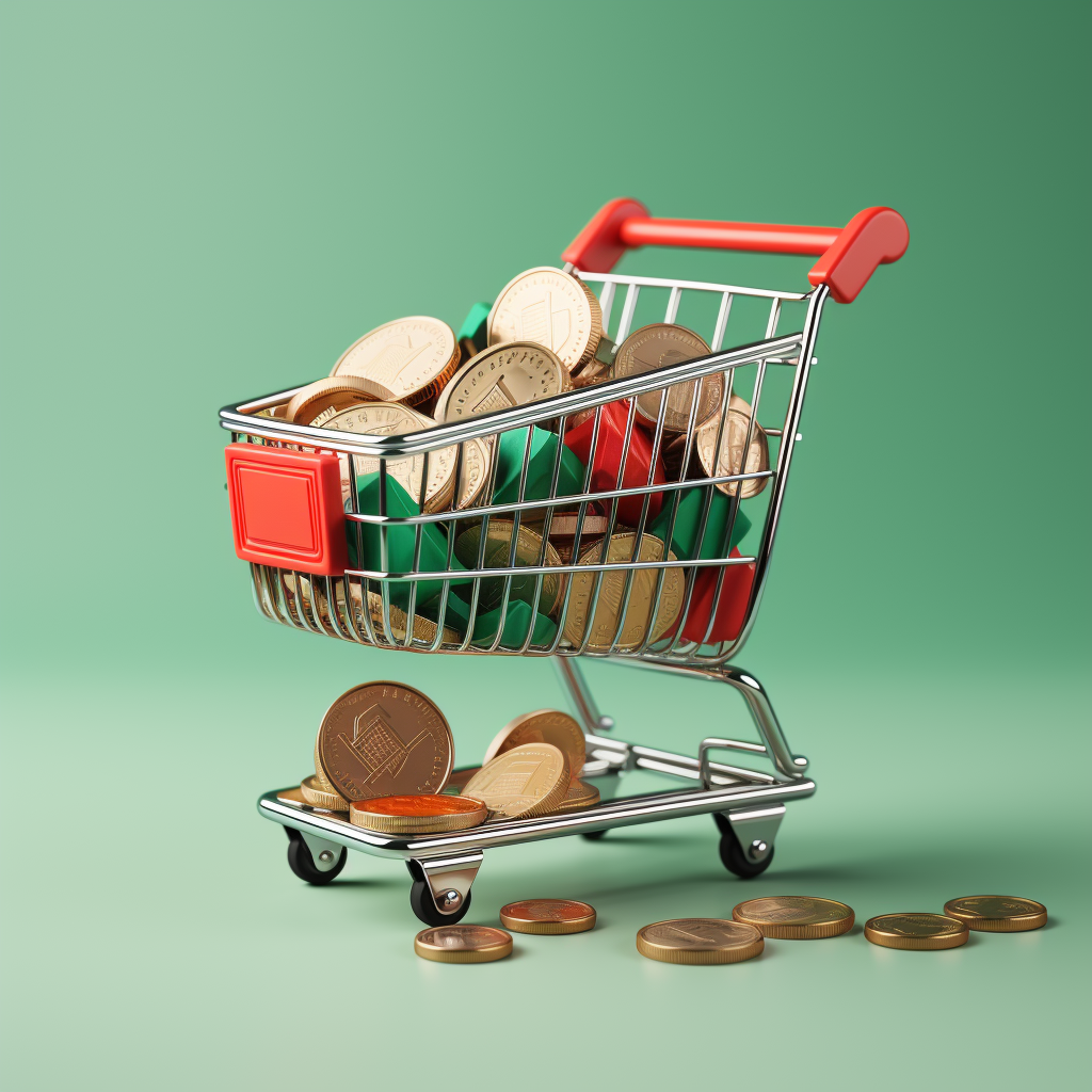 An image of a shopping cart filled with gold coins, set against a green backdrop