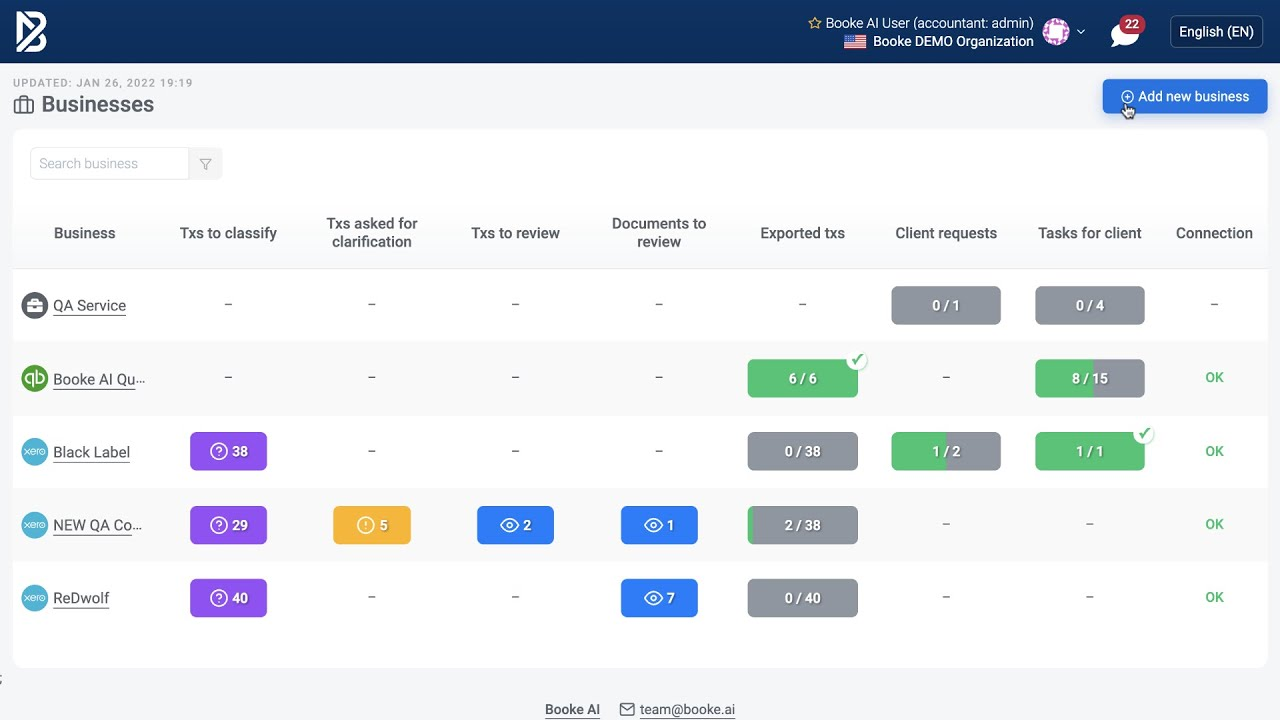 A view of the Booke AI product showing a dashboard of tasks