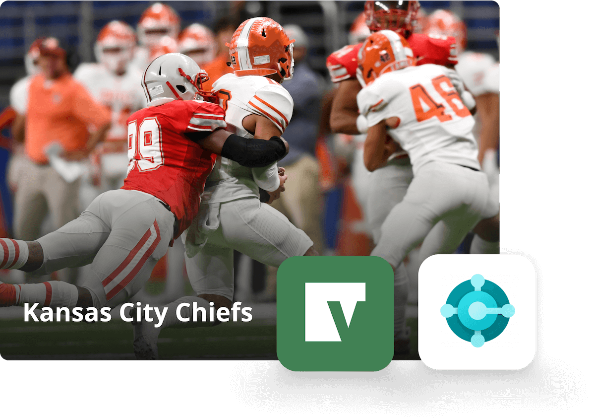 Football players in action with logos for Vena and Microsoft Dynamics 365 Business Central, labeled “Kansas City Chiefs.”