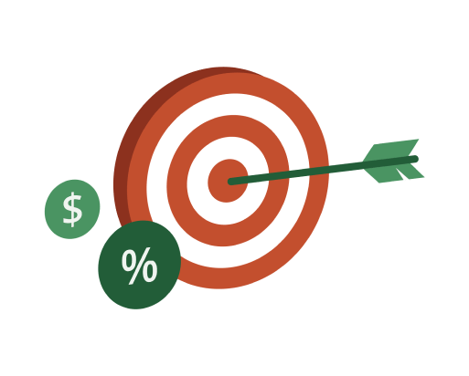 Arrow hitting bullseye target with dollar and percent symbols