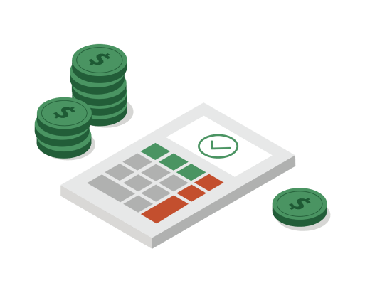Calculator with a clock on the screen surrounded by stacks of green coins.