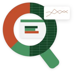 Magnifying glass with bar and line charts.