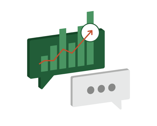 Green chat bubble with a bar and line graph showing growth, next to a gray chat bubble with three dots