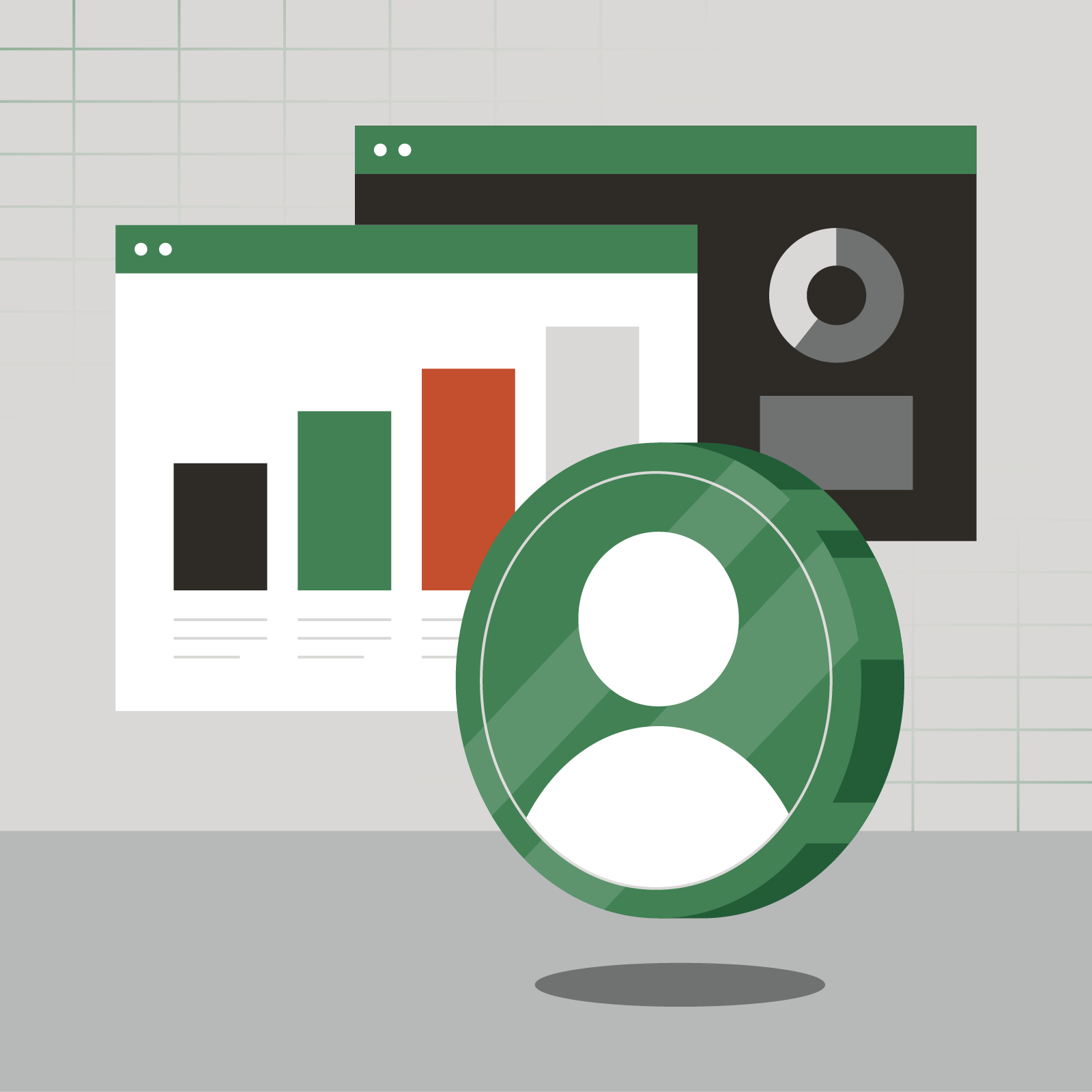 Graphic design layering two computer screens and a coin with a person’s silhouette on it