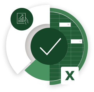 Pie chart with a checkmark in the center with an icon for spreadsheet
