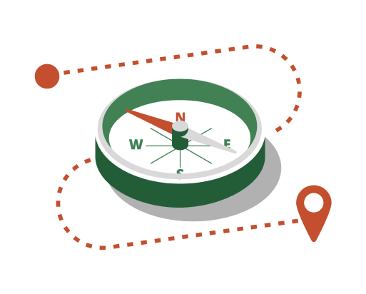 Compass with red needle pointing north, surrounded by a dotted path leading to a red location pin on the right side.