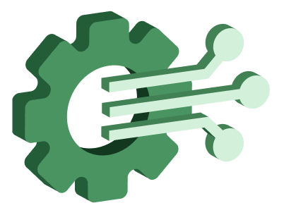 Green gear with three circuit-like lines extending to the right ending in circular nodes.
