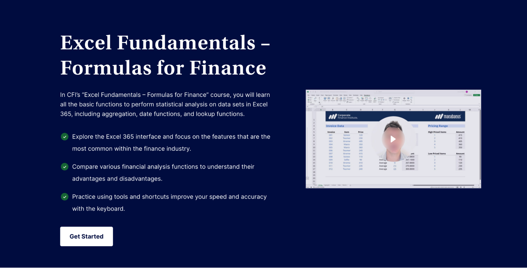 A preview of an Excel course offered through the Corporate Finance Institute