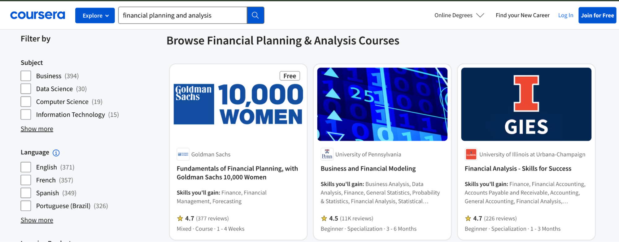 A preview of the financial planning and analysis courses available on the Coursera website