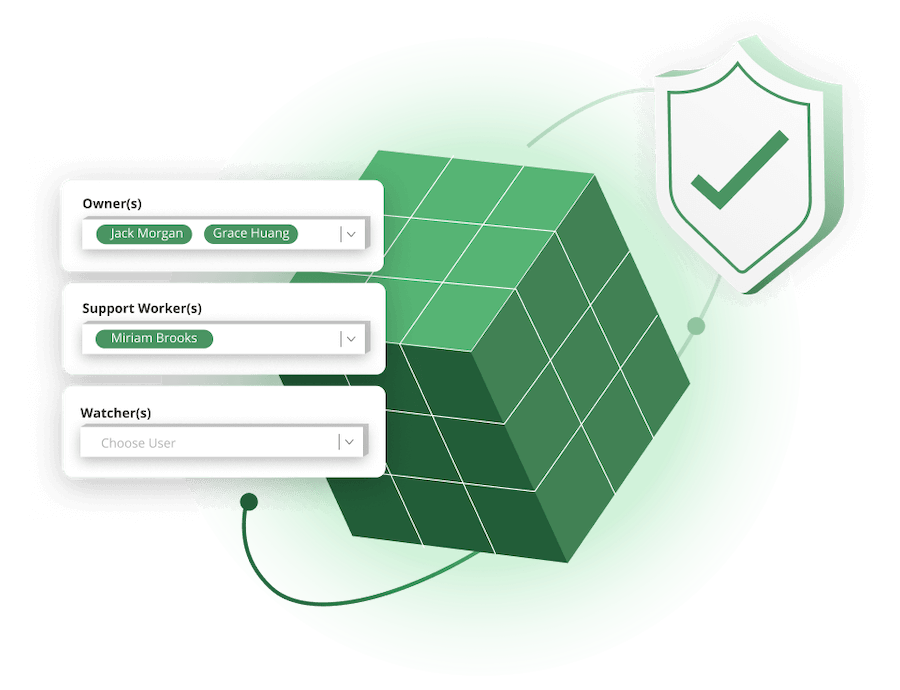 Green 3D cube grid with user-role dropdowns labeled Owners, Support Worker, Watcher and a shield with a checkmark.