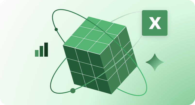 Green 3D cube with orbit lines, Excel icon, and bar graph on a light green background.