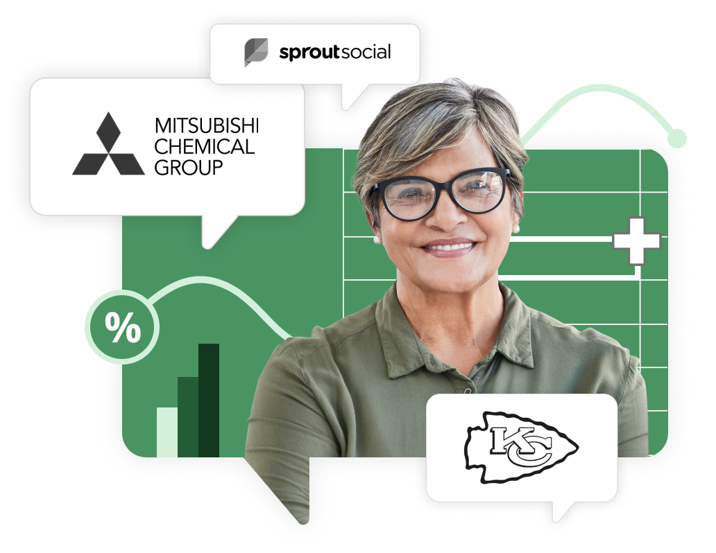 Smiling person with data graphics and logos for Sprout Social, Mitsubishi Chemical Group, and Kansas City Chiefs.
