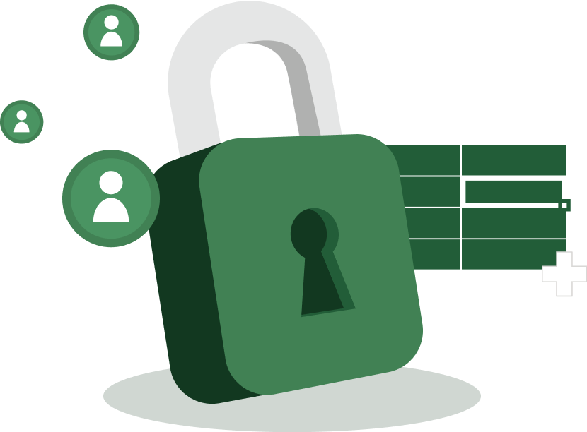 A green padlock and icons of users depicting data security and accessibility.