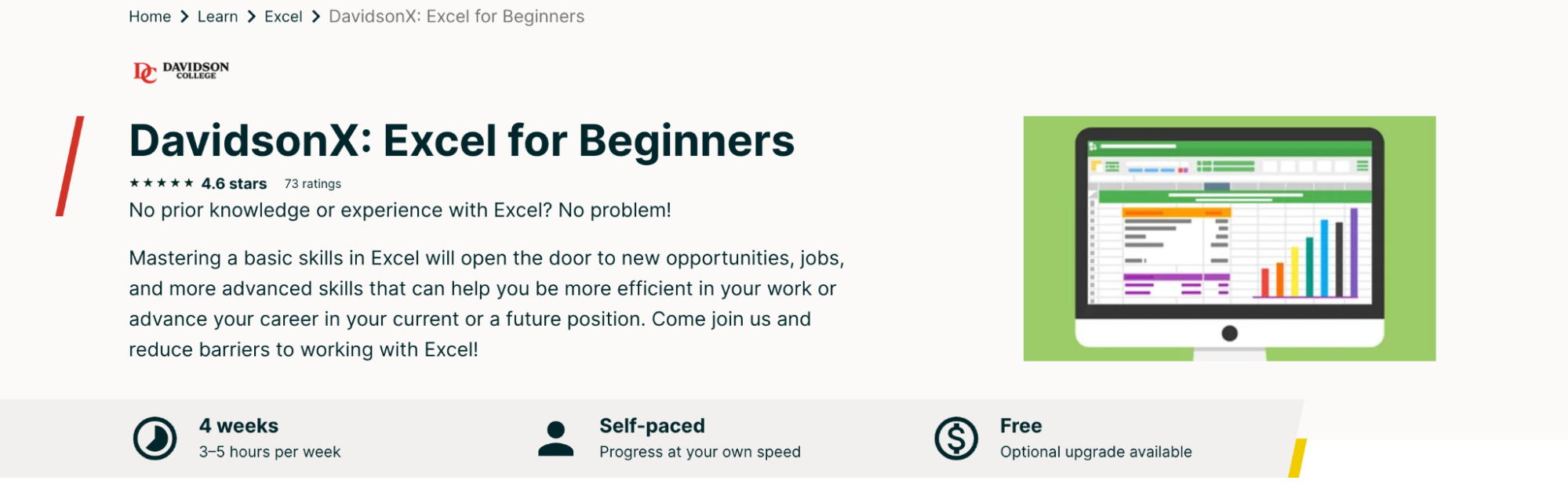 A preview of an Excel course offered through DavidsonX