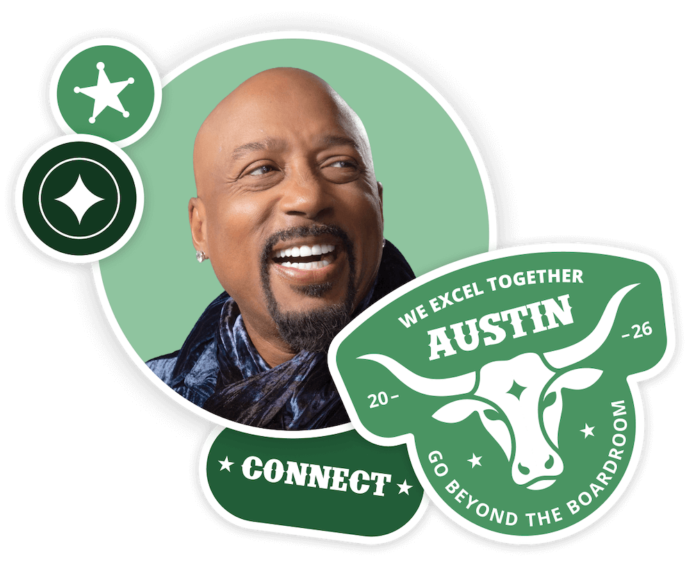 Headshot of Daymond John on a light green circular background surrounded by various green stickers.