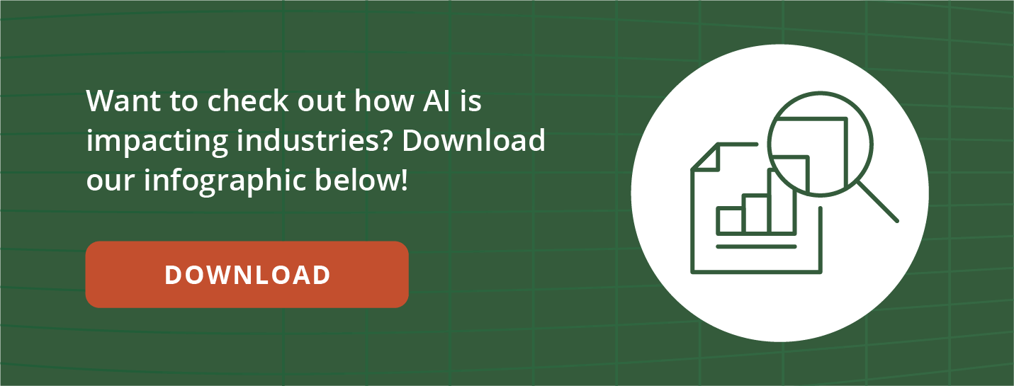 A green banner that reads "Want to check out how AI is impacting industries? Download our infographic below!"