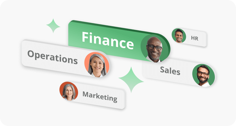 Business team roles: Finance, Operations, Marketing, Sales, HR, with diverse professionals' portraits on a white background.