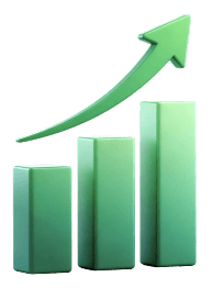 Green bar chart with three rising bars and an upward arrow indicating growth.