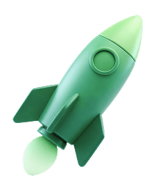 Green cartoon rocket with fins and glowing exhaust on a transparent background.