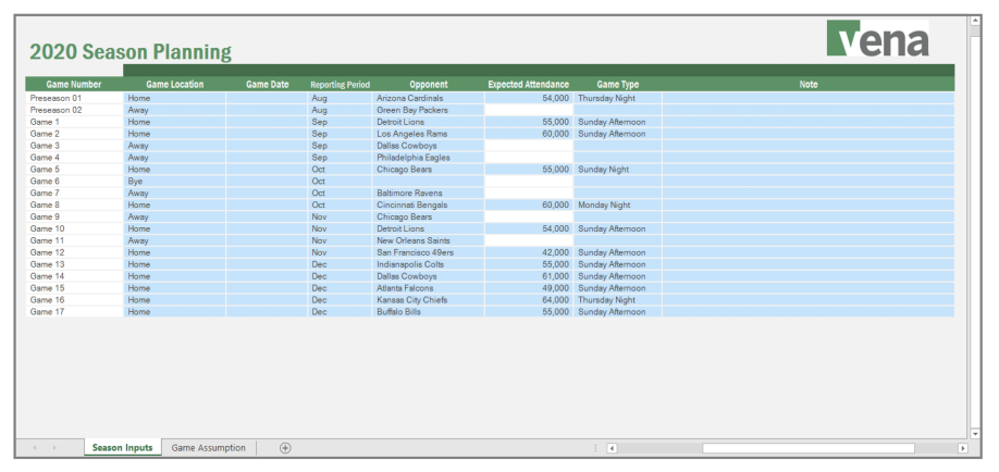 Screenshot of Vena's Season Planning template