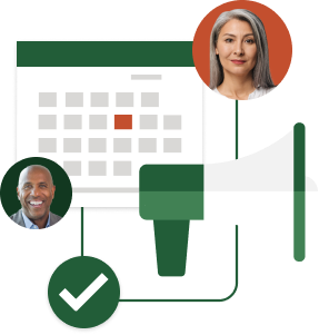 Illustration of a calendar, a megaphone and the headshots of two people