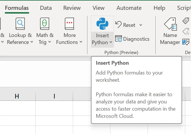 A view of the "Insert Python" button in Excel, allowing you to add Python formulas into your worksheet