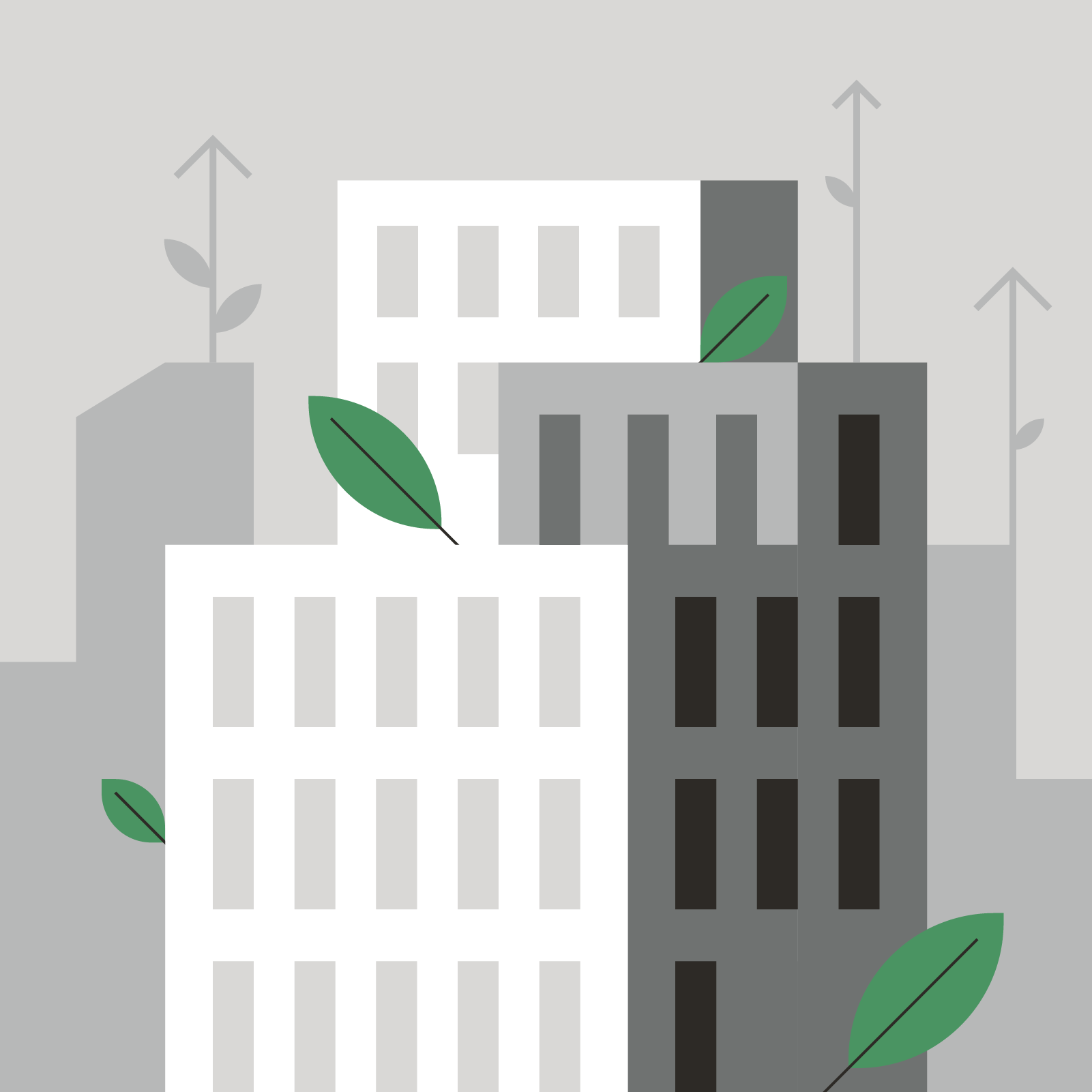 An illustration of three high rise buildings in front of a city skyline, with upward pointing arrows behind them and plant leaves emerging from out of them