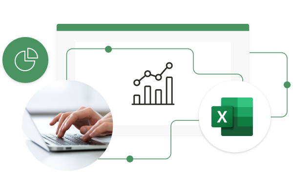 Hands typing on a laptop with icons of a bar chart, Excel logo, and data visualizations, representing Excel usage for data analysis.