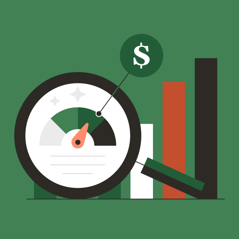 An illustration of a magnifying glass focusing in on a barometer representing financial success, with a bar chart in the background