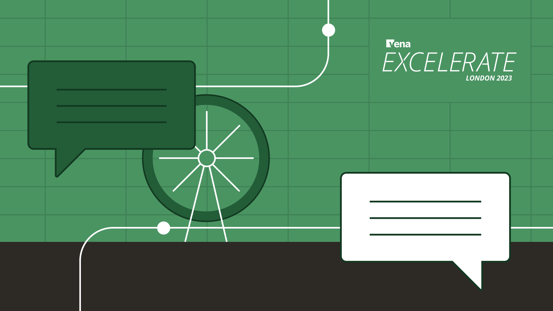 Two speech bubbles on a green background, with a graphic of the London Eye