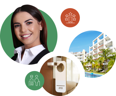 A cluster of images including the headshot of a woman, the exterior of a hotel and a do not disturb sign on a door