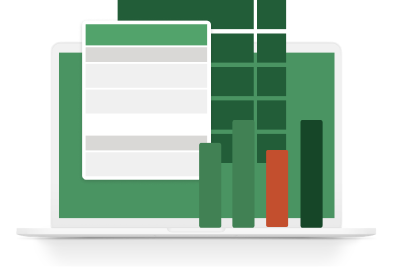 Illustration of a laptop displaying a spreadsheet and bar chart, representing data analysis or financial reporting.