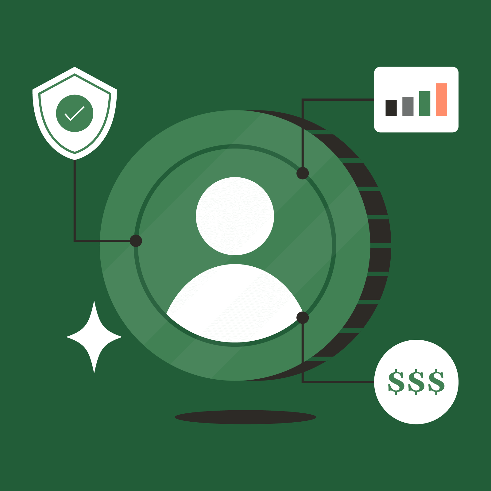 An illustration of a person's profile, with surrounding icons of dollar signs, a bar chart and a green authorization check