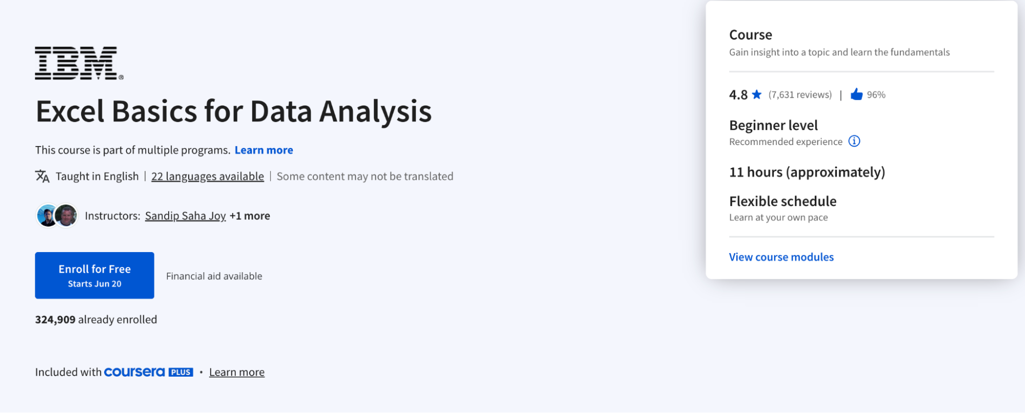 A preview of an Excel course offered through IBM and Coursera