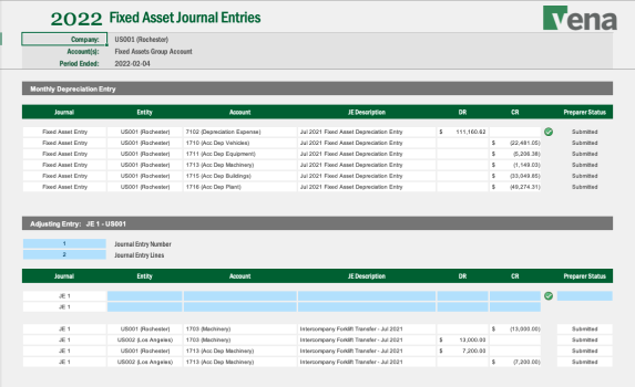 Screenshot of Vena's fixed asset journal entries template