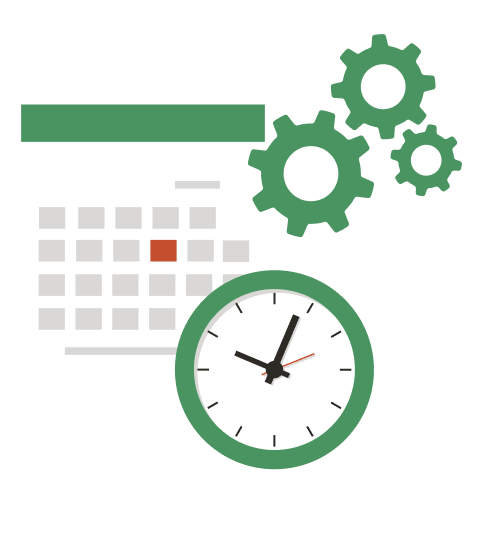 An illustration of a calendar, with cogs and a clock overlapping