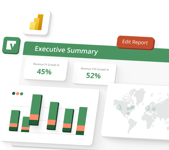 Executive summary dashboard showing 45% revenue FY growth, 52% YTD growth, bar graph, and world map.