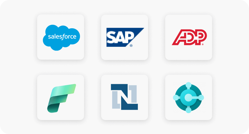 Logos of Salesforce, SAP, ADP, and three other business applications on a white background.