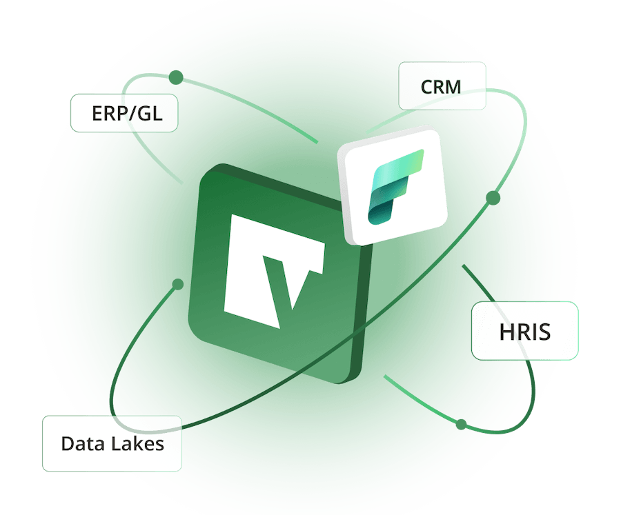 Vena and Fabric icons connected to ERP/GL, CRM, HRIS, and Data Lakes labels with curved linking lines.