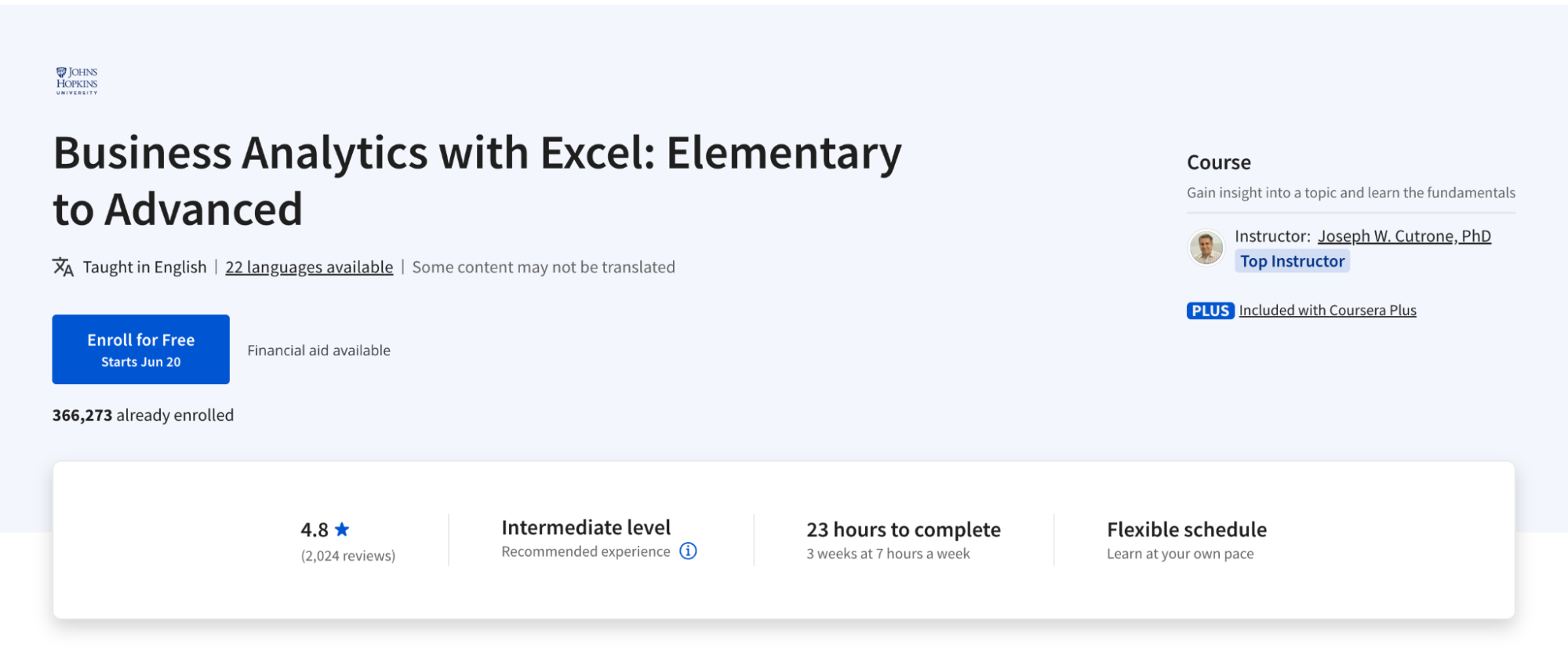 A preview of an Excel course offered through Coursera and Johns Hopkins University