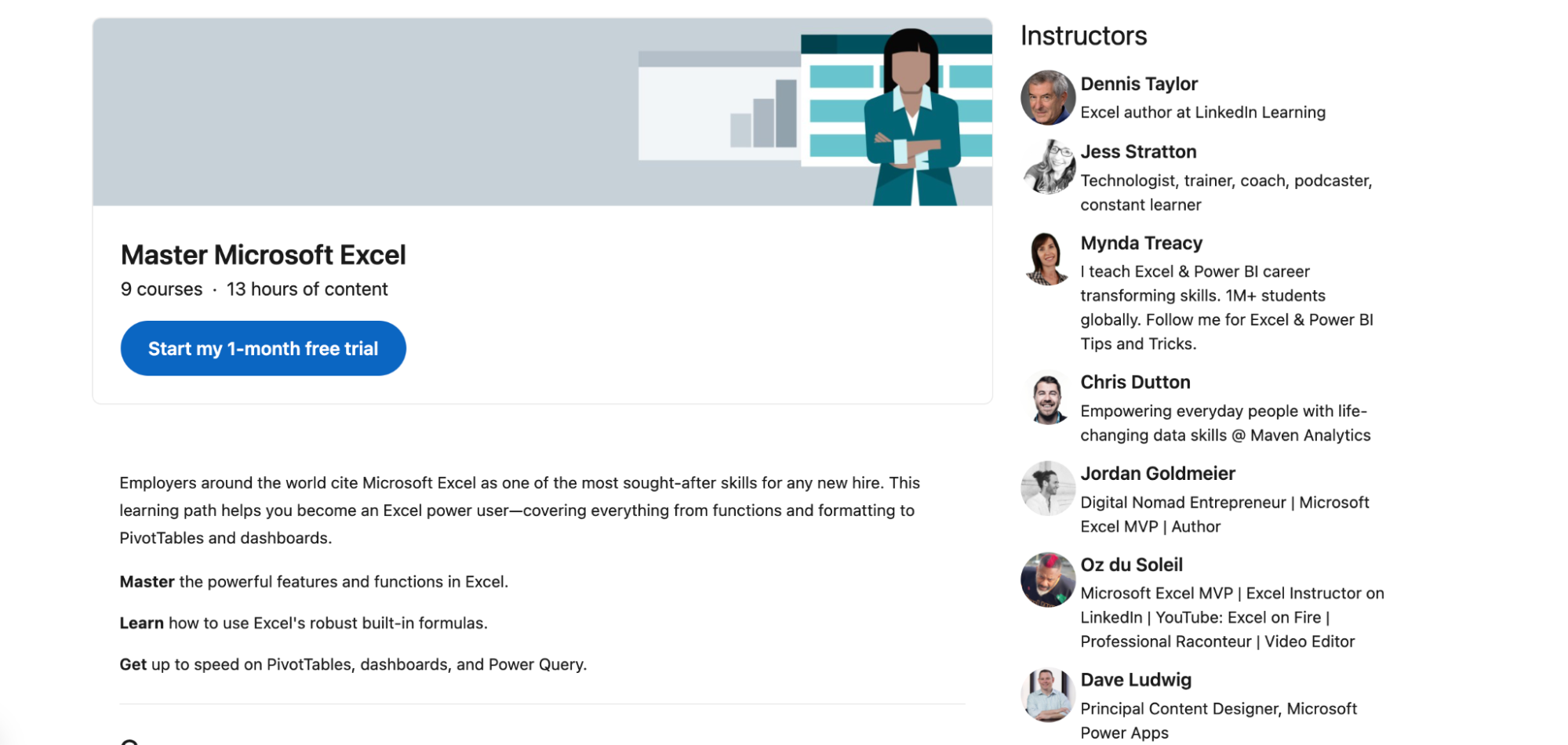 A preview of an Excel course available on LinkedIn Learning