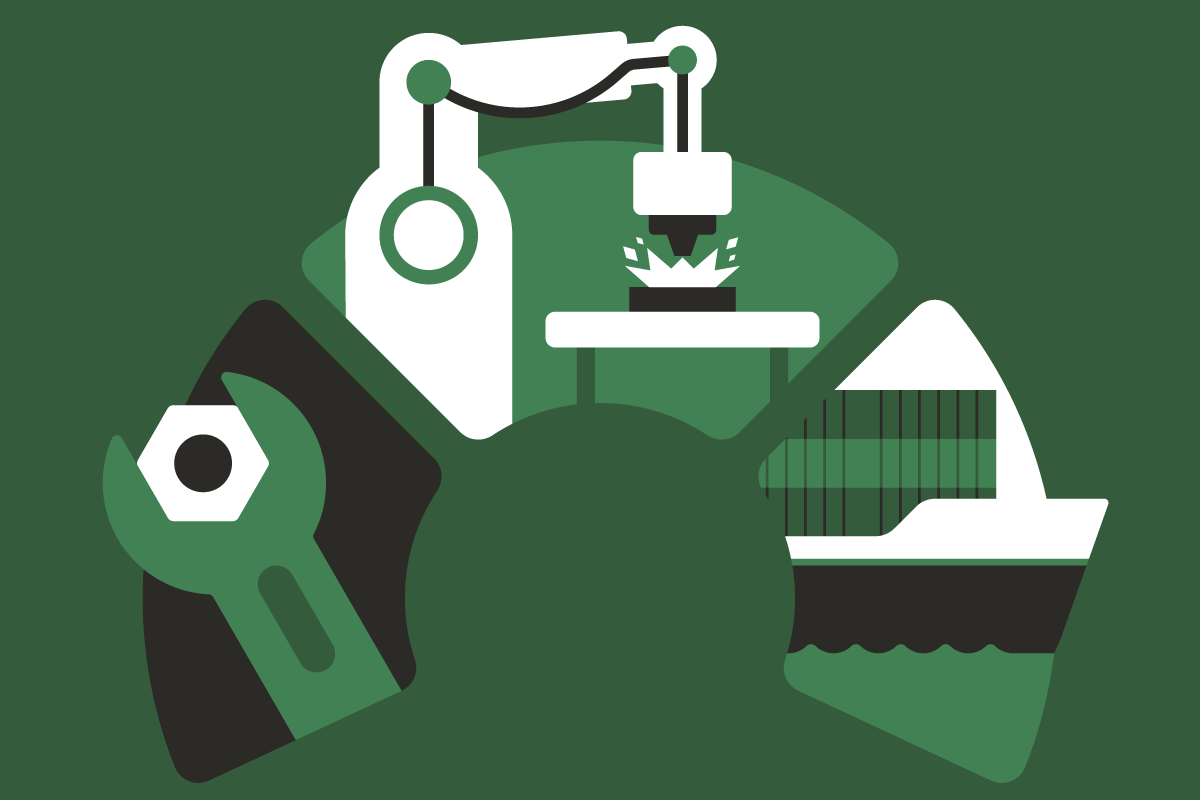 Manufacturing icons, including a wrench and bolt, machinery, and ship .