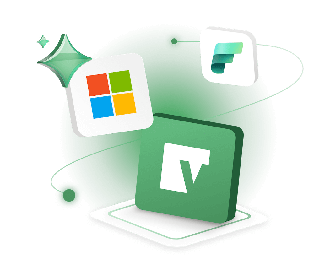 Microsoft, Fabric, and Vena logos connected by swirling lines on a green gradient background.