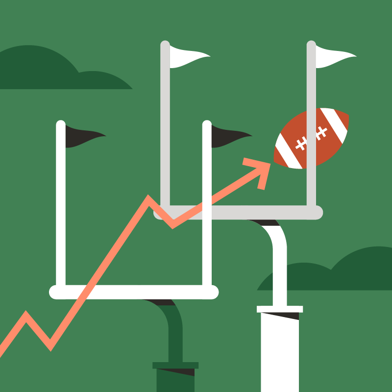 An illustration of a football going through a goal post with an upward pointing arrow leading up to it, set against a green background with dark green clouds