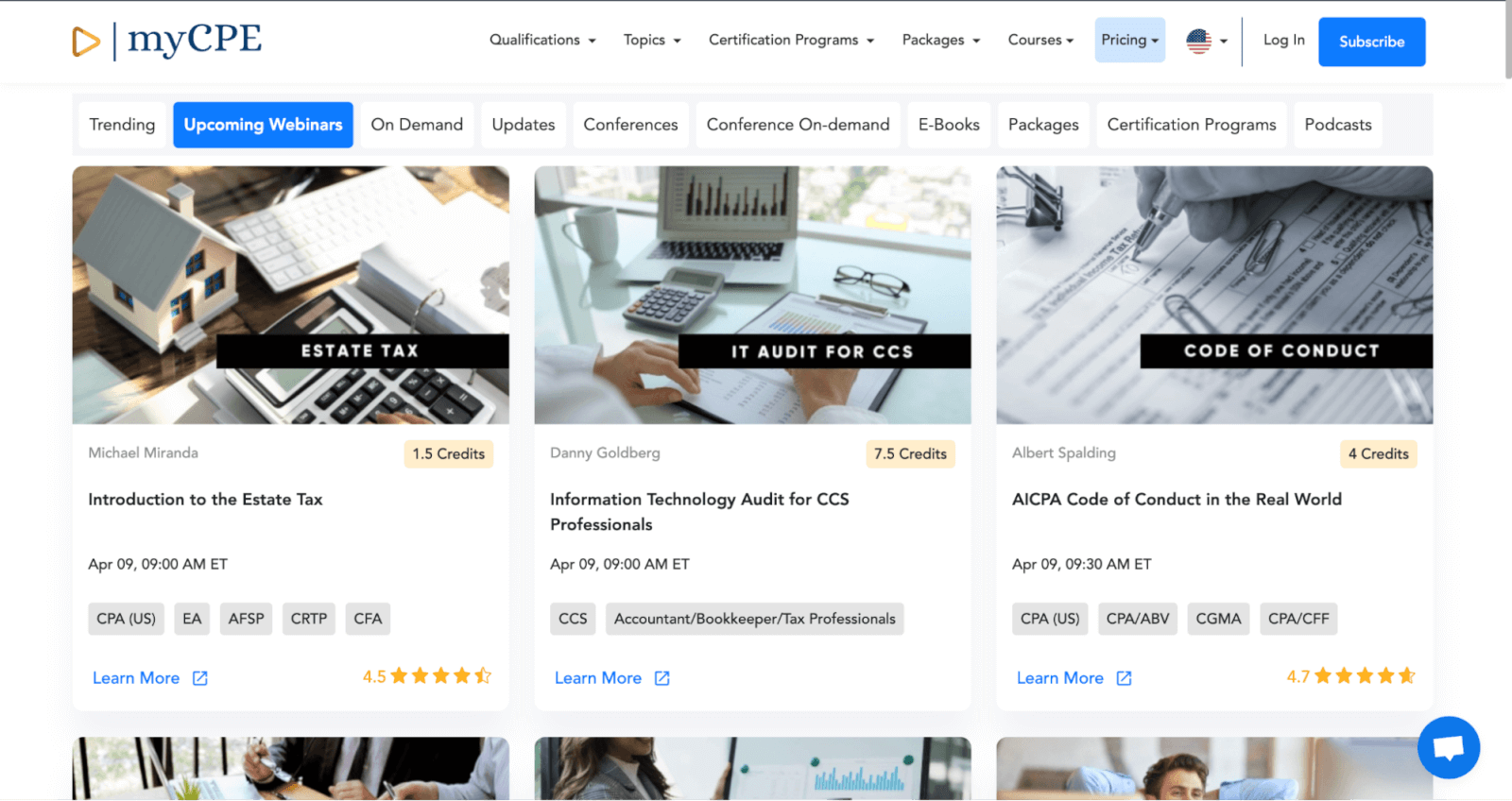 A preview of the online courses available on the myCPE website