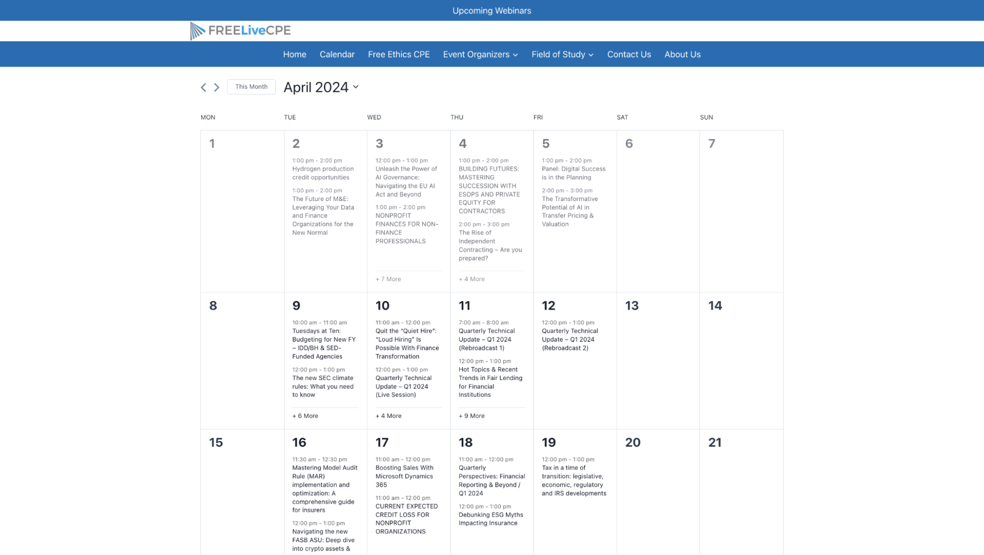 A preview of the webinars available on the FreeLiveCPE website