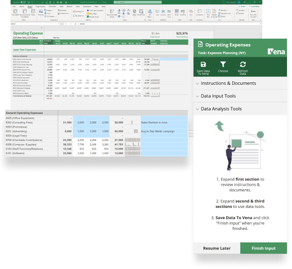 Diagram of the Operating Expense Budget spreadsheet from Vena. 