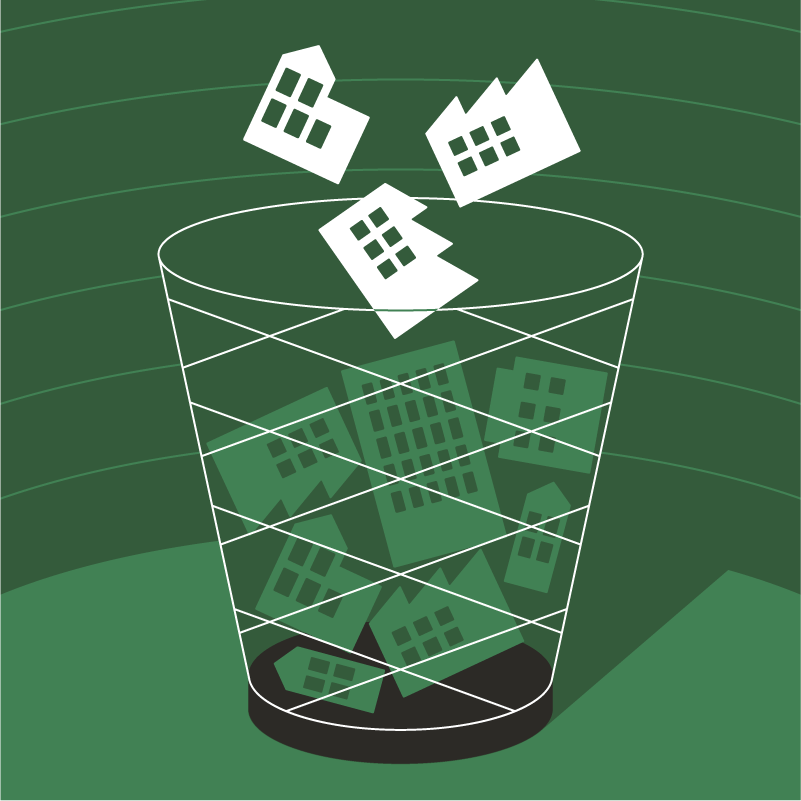 Failed businesses dropping into a trash bin.