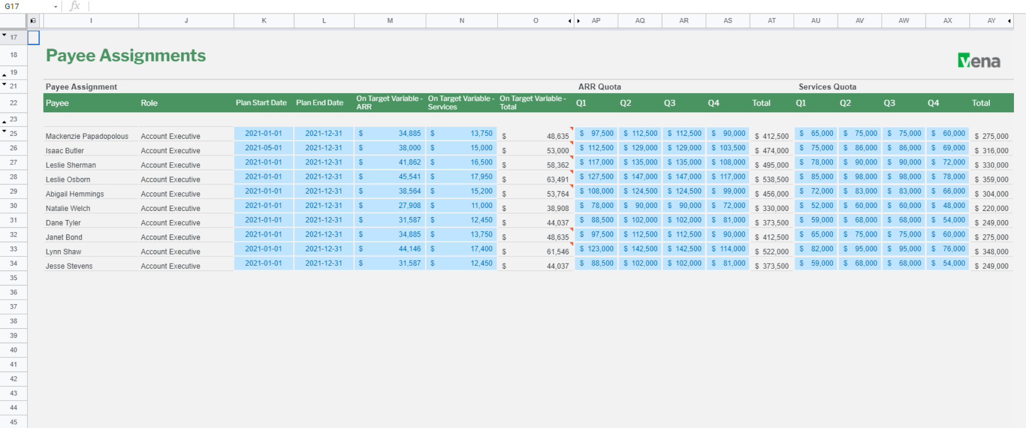 Screenshot of Vena's Plan Input Template